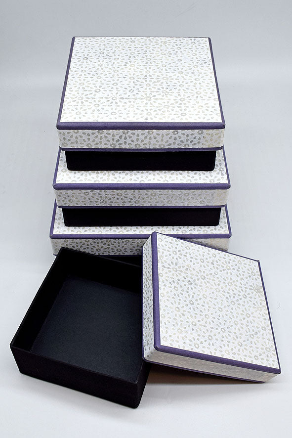 Fabric Clad Square Gift Boxes with White Block Print Lid, Muted Purple