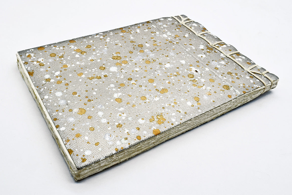 Champagne Silver & Gold Ink Splatter Japanese Binding Notebook, 6X8.5, Deckle-edged Pages