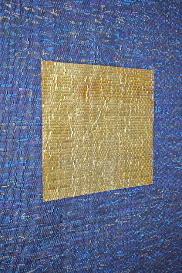 Wall Hanging: Brass Leaf square on Blue Marbled weave, 47x87