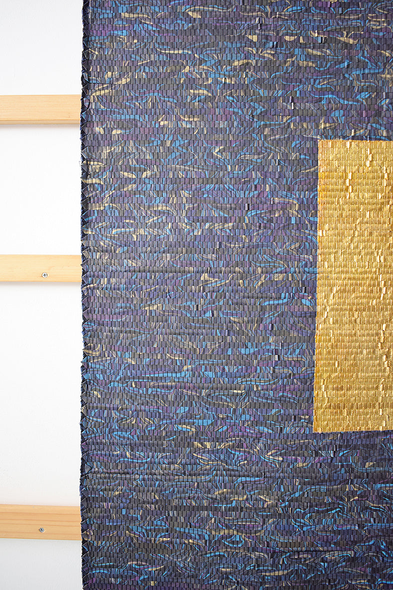 Wall Hanging: Brass Leaf square on Blue Marbled weave, 47x87