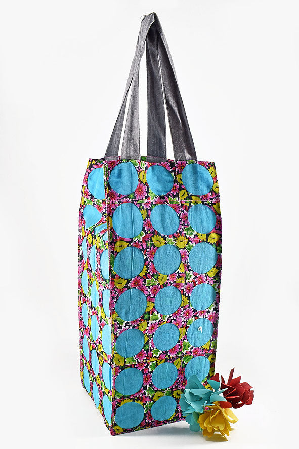 Chintz Rounds Wide Bottle Bag Turquoise, Set of 2, 12x5x5