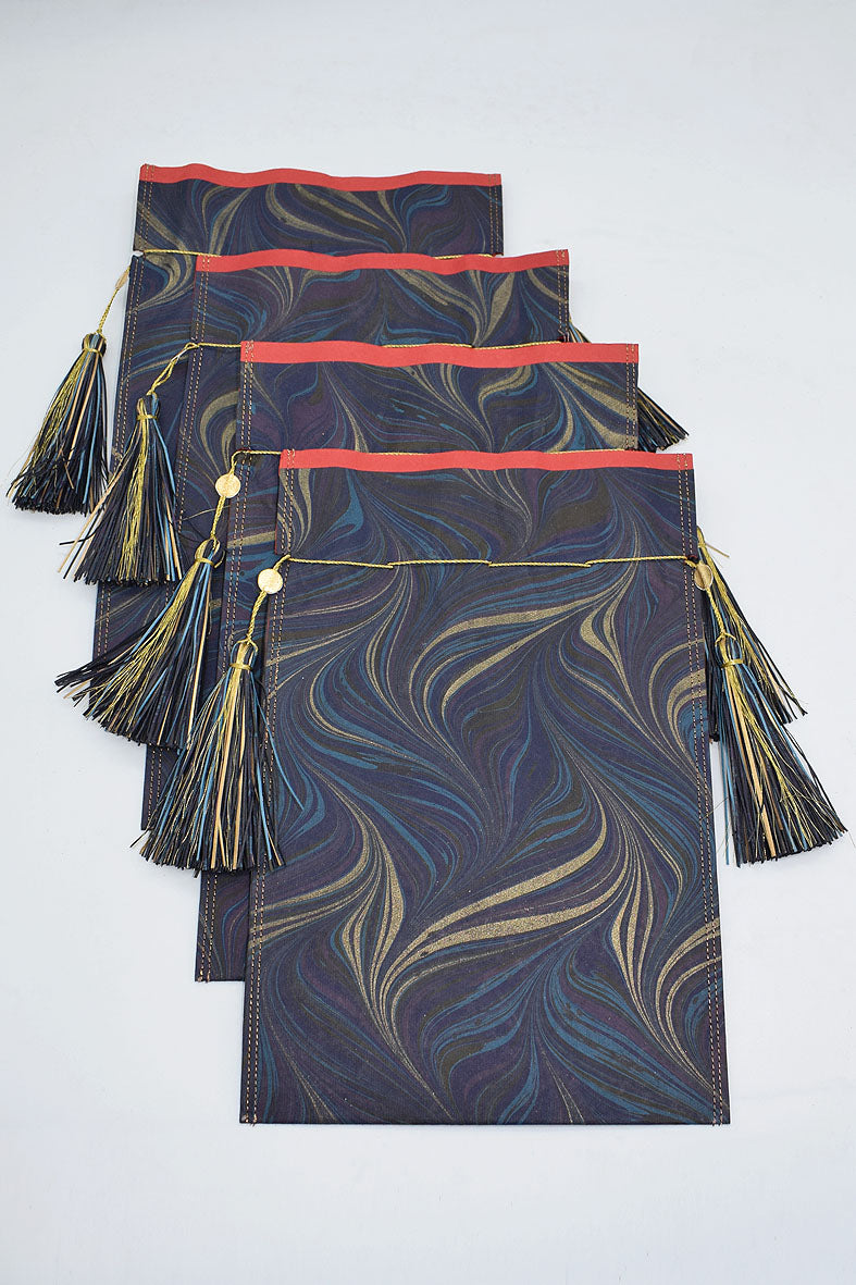 Tassel Tie Drawstring Paper Gift Pouch with print, Set of 4, 21X18cm