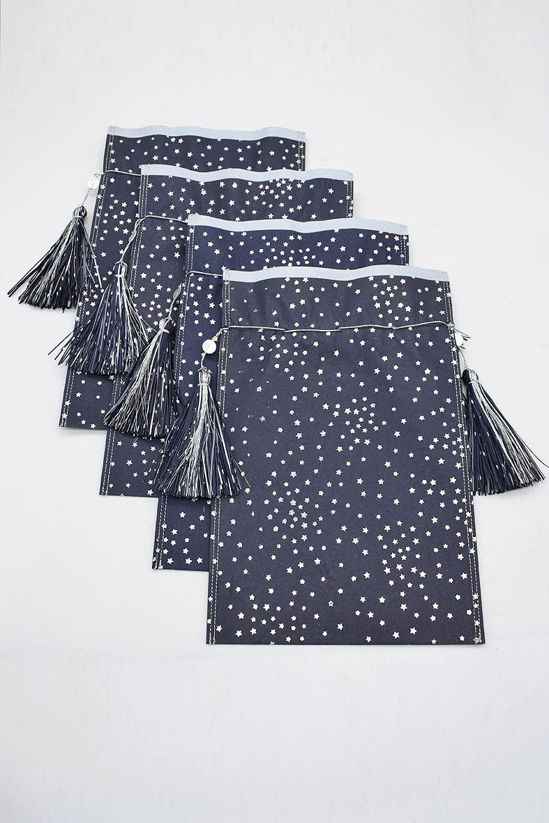 Tassel Tie Drawstring Paper Gift Pouch with Christmas print, Set of 4, 21X18cm