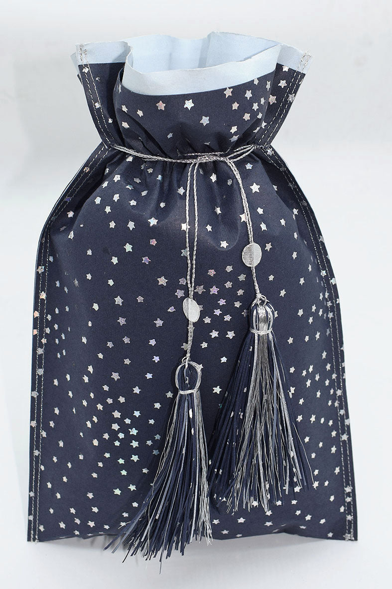 Tassel Tie Drawstring Paper Gift Pouch with Christmas print, Set of 4, 21X18cm