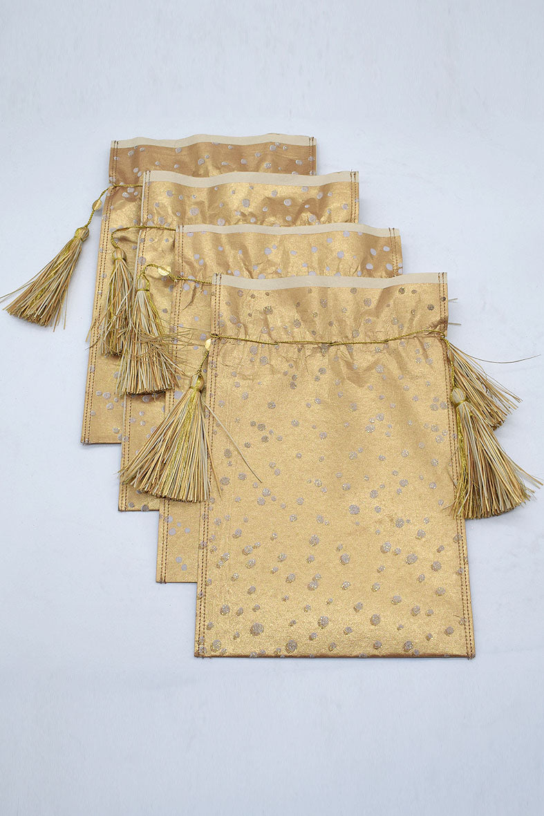 Tassel Tie Drawstring Paper Gift Pouch with Christmas print, Set of 4, 21X18cm