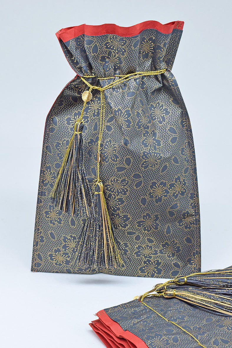 Tassel Tie Drawstring Paper Gift Pouch with print, Set of 4, 21X18cm