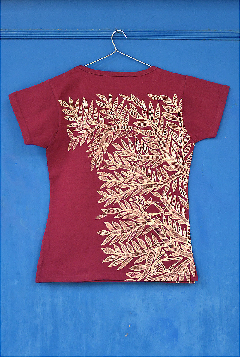 Crimson Folk Tree & Deer Gold Print Ladies T-Shirt