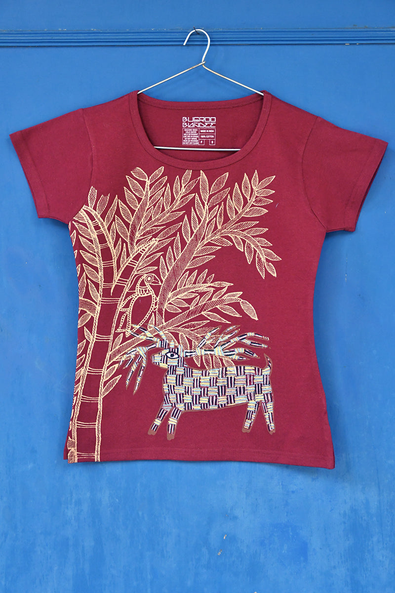 Crimson Folk Tree & Deer Gold Printed T-Shirt For Women Online