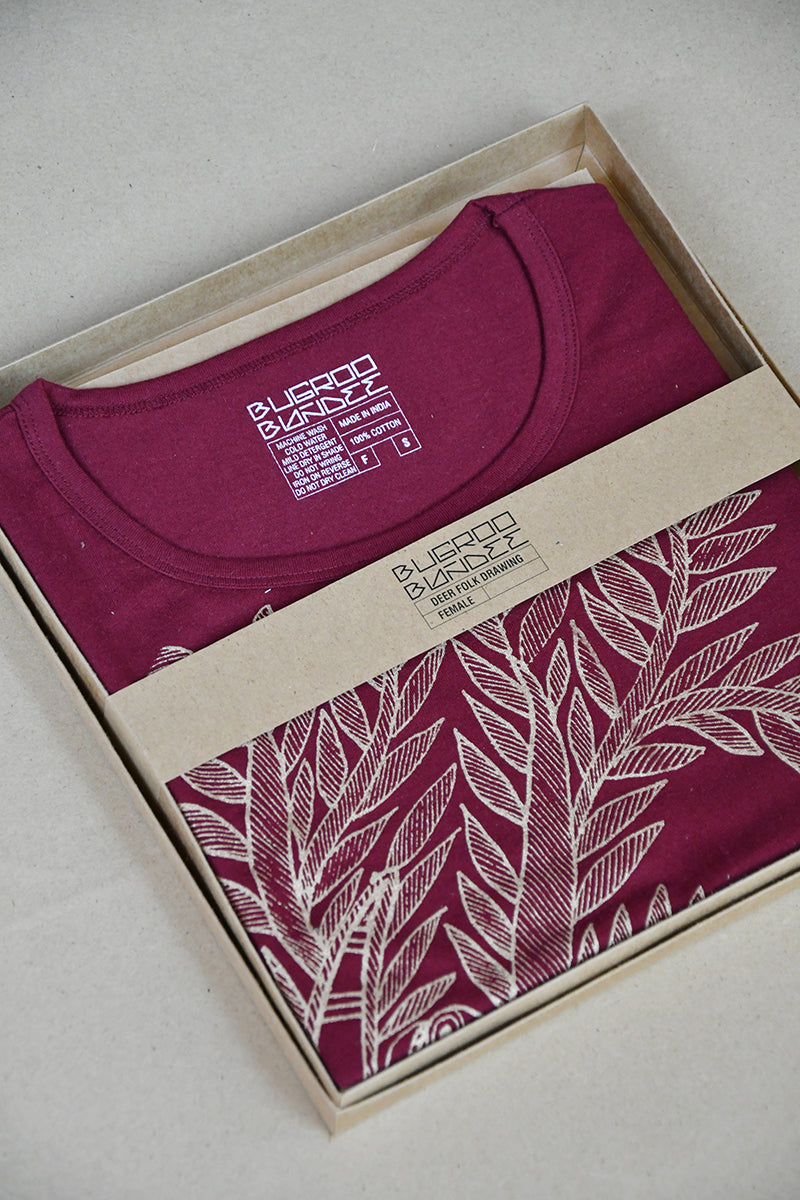 Crimson Folk Tree & Deer Gold Print Ladies T-Shirt