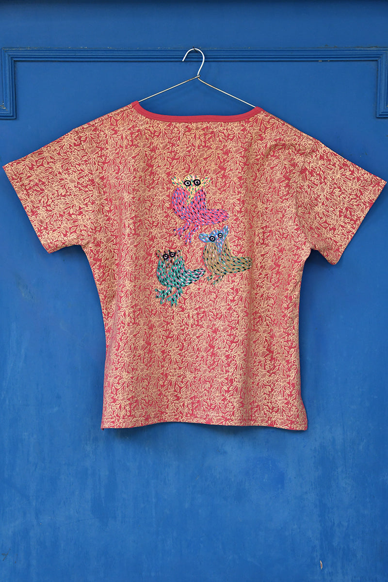 Cerise Folk Birds Gold Print Ladies T-Shirt