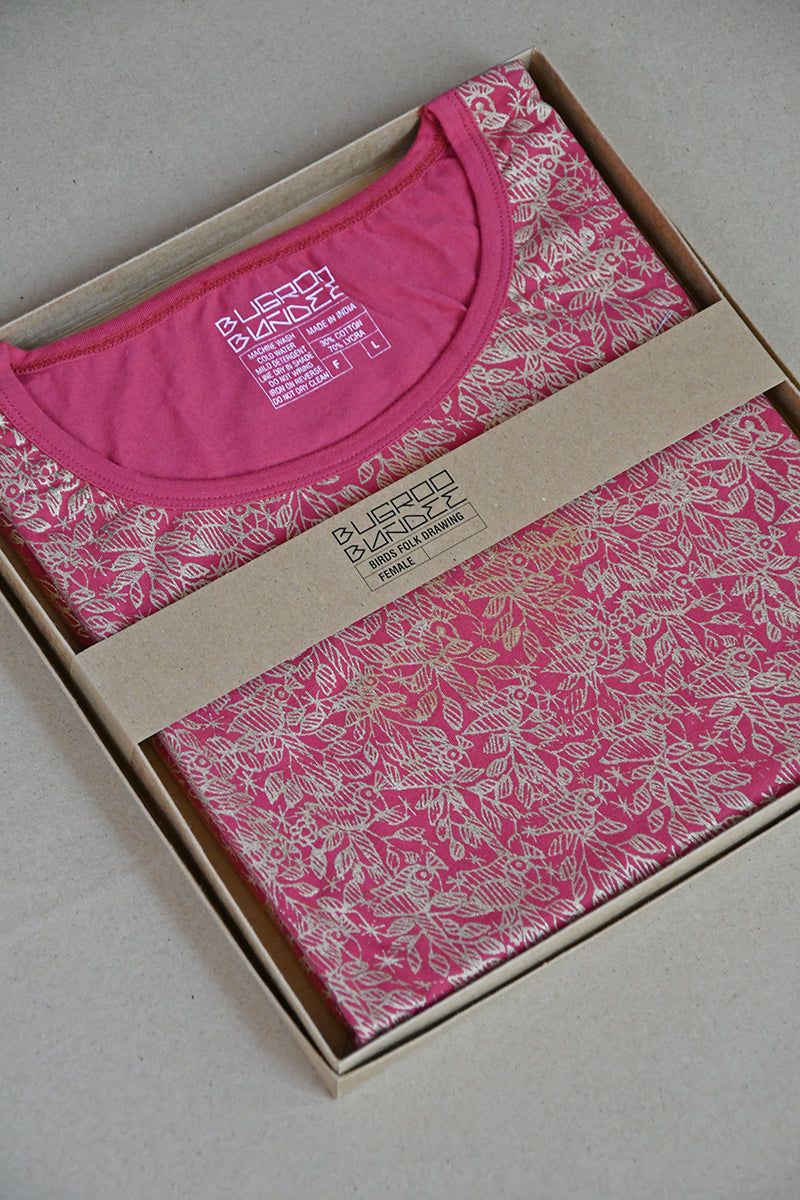 Cerise Folk Birds Gold Print Ladies T-Shirt
