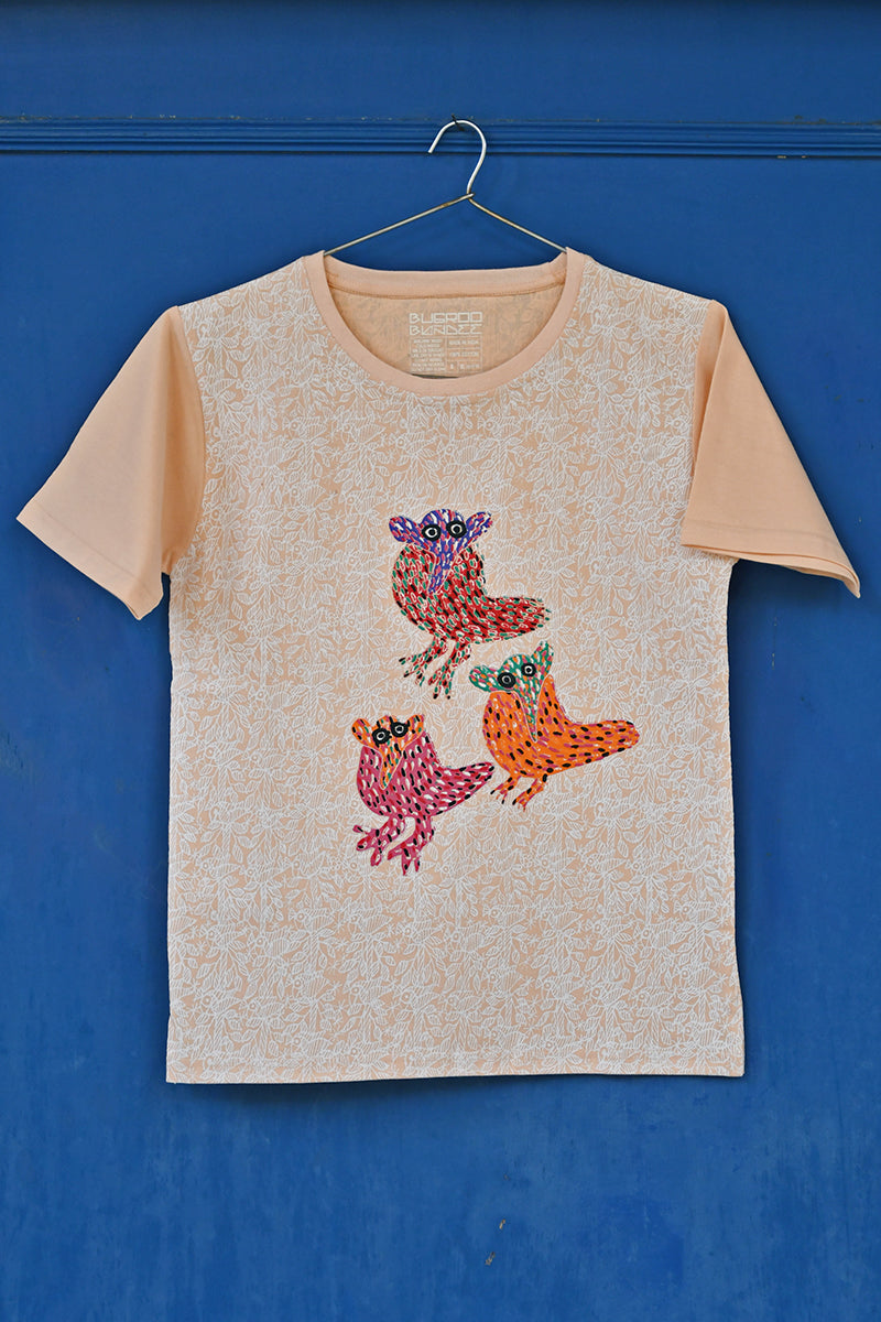 Blossom Pink Folk Birds Drawing Cotton T-Shirt For Kids Online