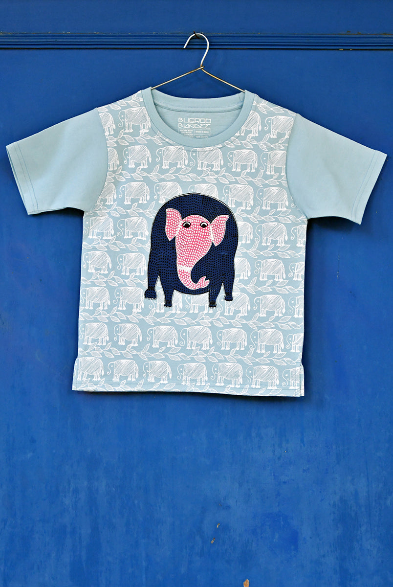 Baby Blue Folk Elephant Drawing Cotton Kids T-Shirt Online