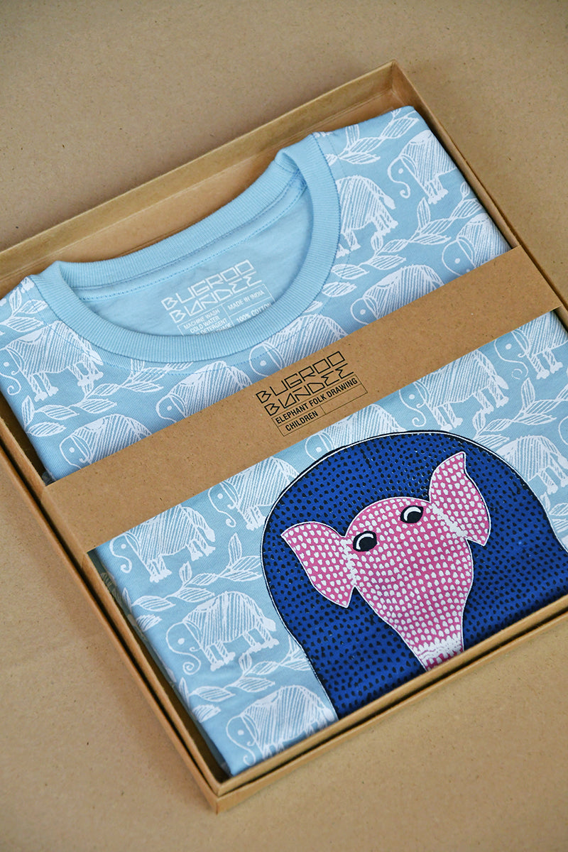 Baby Blue Folk Elephant Drawing Kids T-Shirt