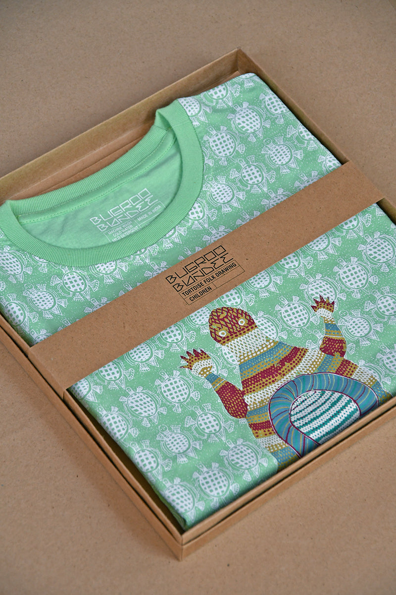 Fresh Green Folk Turtle Drawing Kids T-Shirt