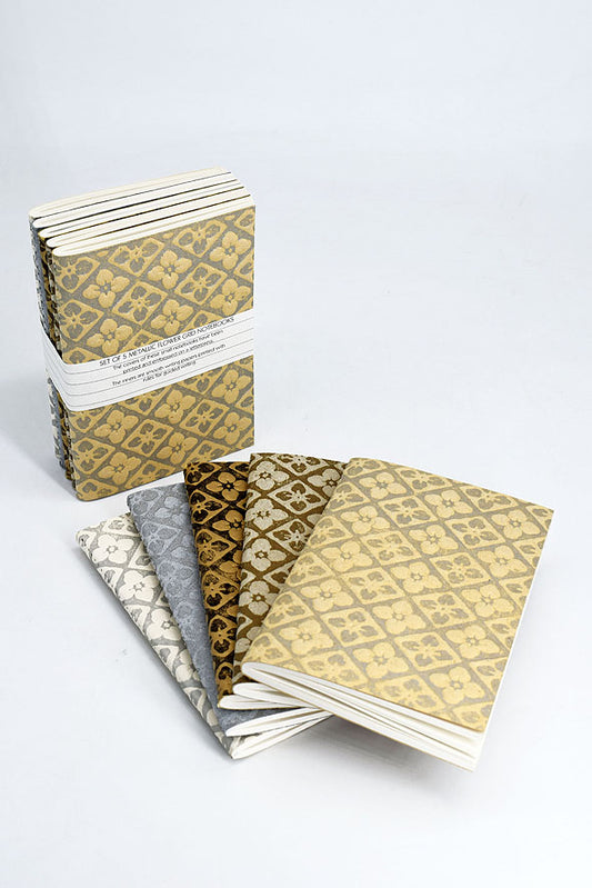 White Metallic Flower Grid Recycled Paper Notebooks Set Online