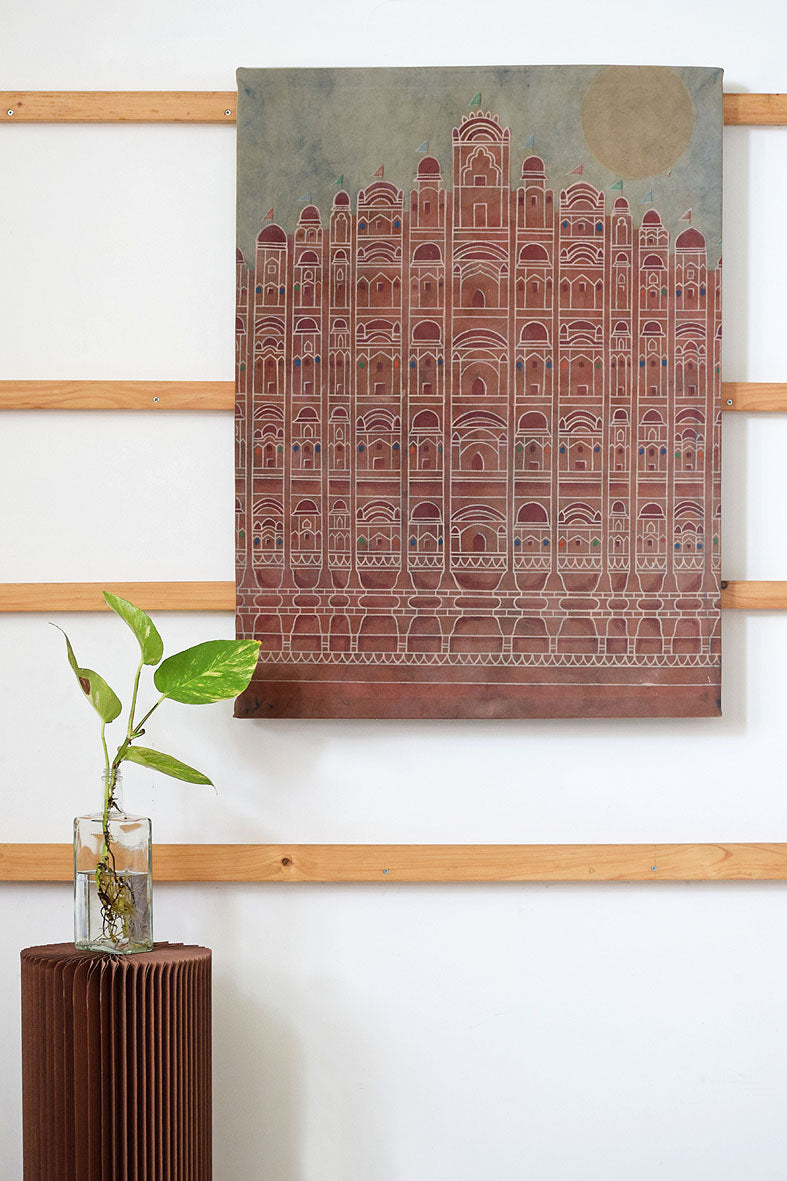 Artwork Hawa Mahal painting 73x97cm Bagru Light Neel & Naturals canvas