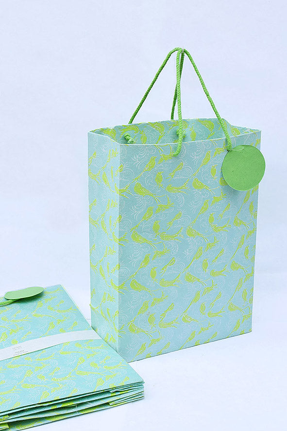 Birds & Whirls Blue Gift Bags Large, Set of 4, 14x10