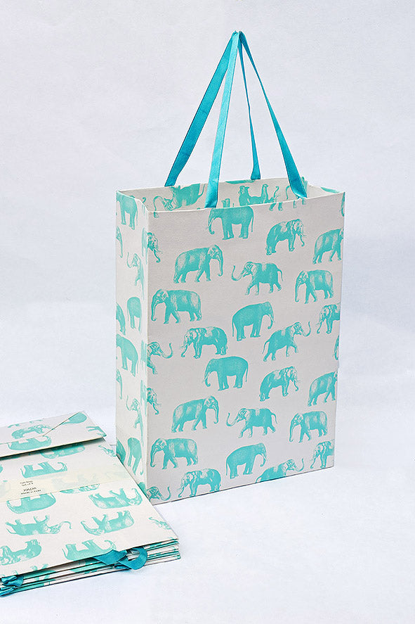 Elephants Print White Gift Bags Large, Set of 4, 14x10