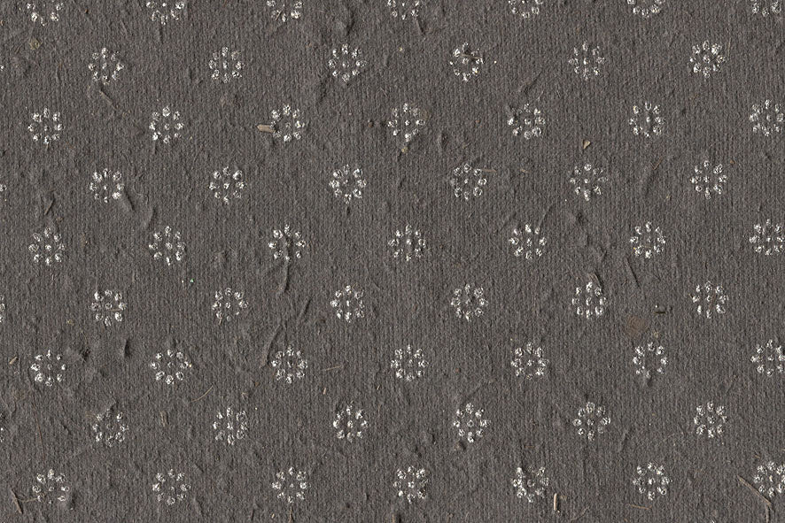 Floret Star Half Drop: Silver Glitter on Black Olive Paper Shreds & Banana Fibre Handmade Paper ~50gsm Set of 5 50X74cm each