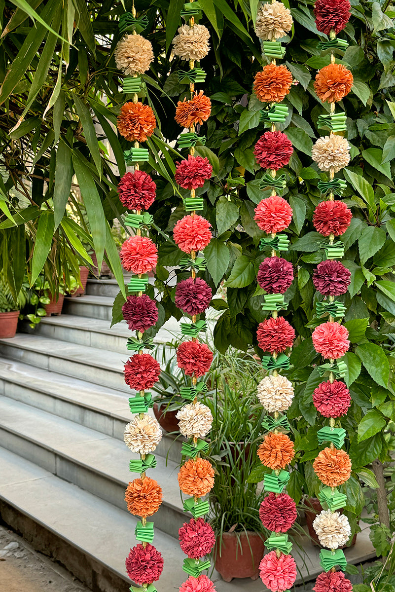 Marigold Paper Flowers and Leaves String, Set of 2, 2 meters