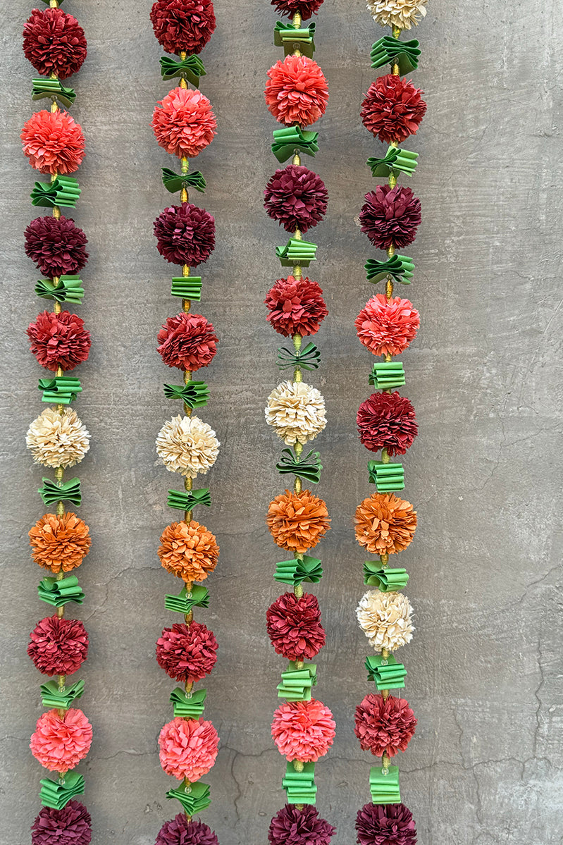 Marigold Paper Flowers and Leaves String, Set of 2, 2 meters