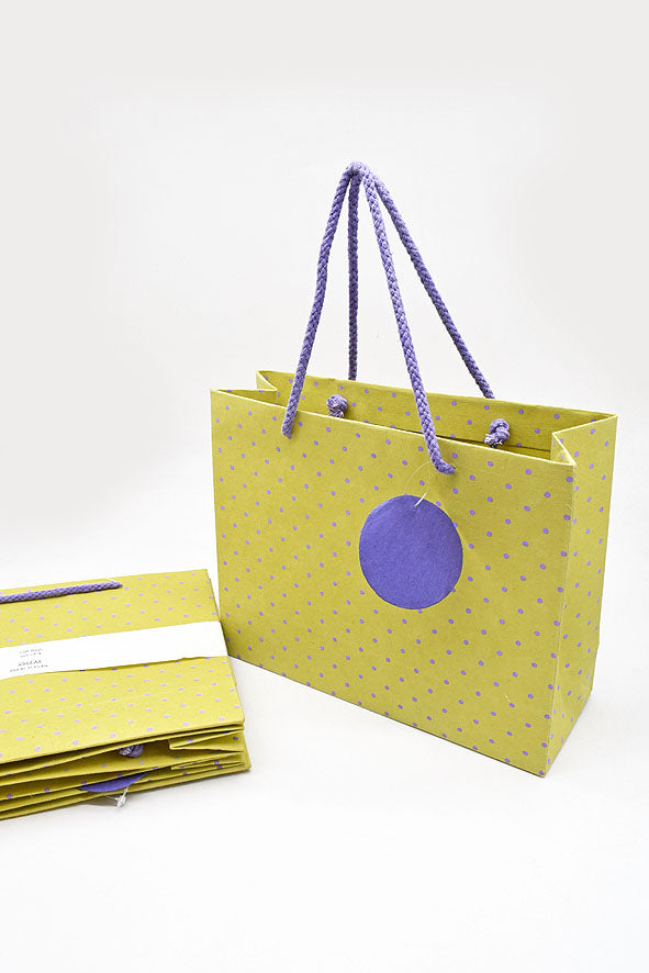 Purple Dots Grid on Green Gift Bags Medium, Set of 4, 7x9.5