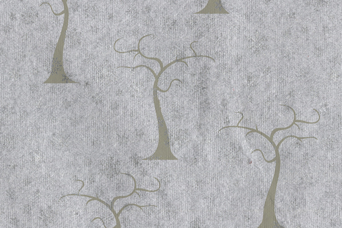 Trees & Snowflakes: Moss & Silver on Gray Melange Handmade Paper ~100gsm Set of 5 50X70cm each