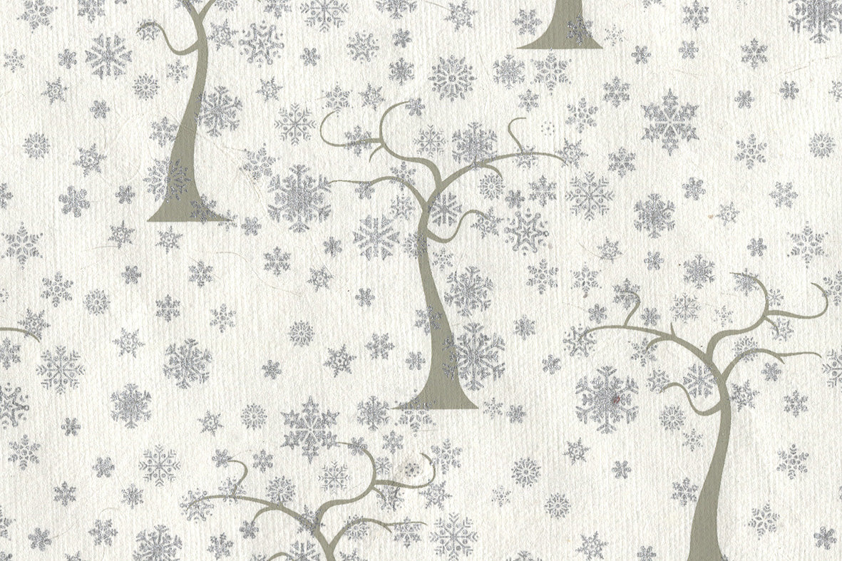 Trees & Snowflakes: Moss & Silver on Basic White Handmade Paper ~100gsm Set of 5 50X70cm each