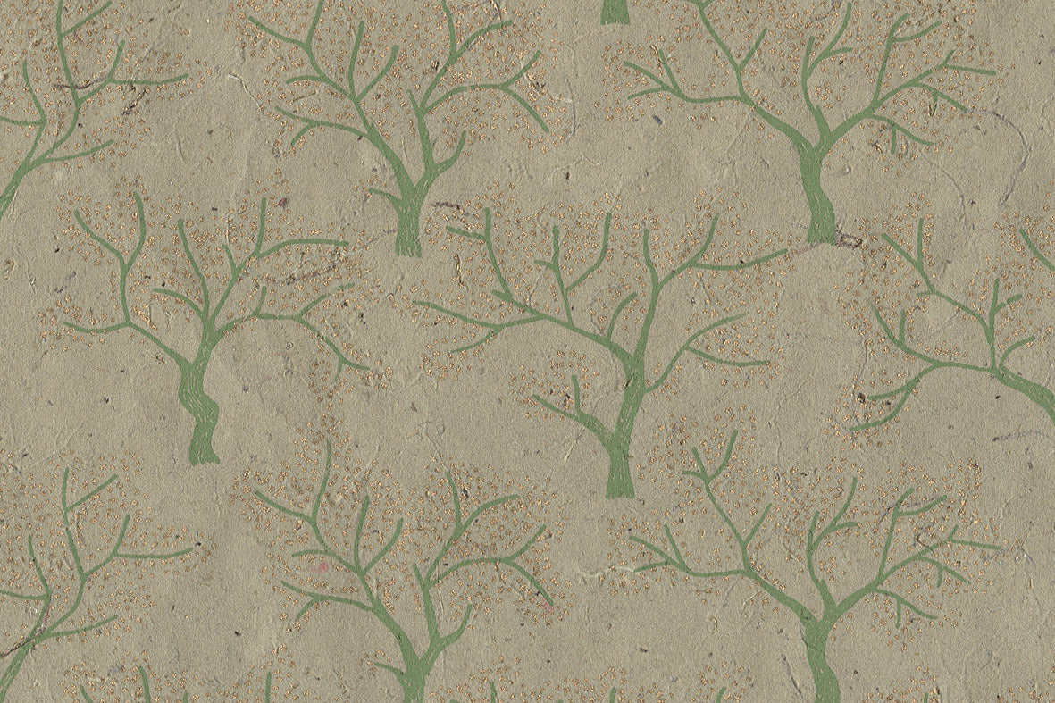 Gold & Green On Green Dotted Trees Printed Handmade Paper Online
