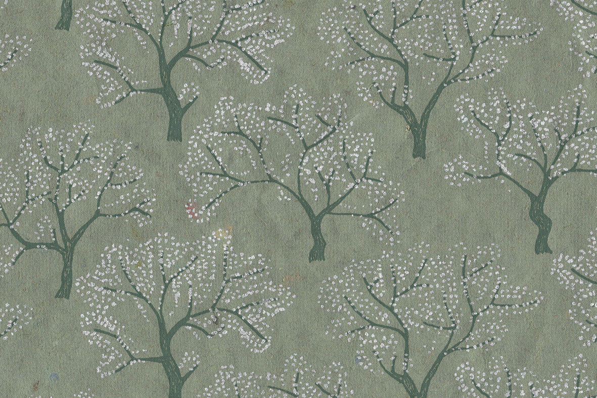 Silver & Green On Green Dotted Trees Printed Handmade Paper Online
