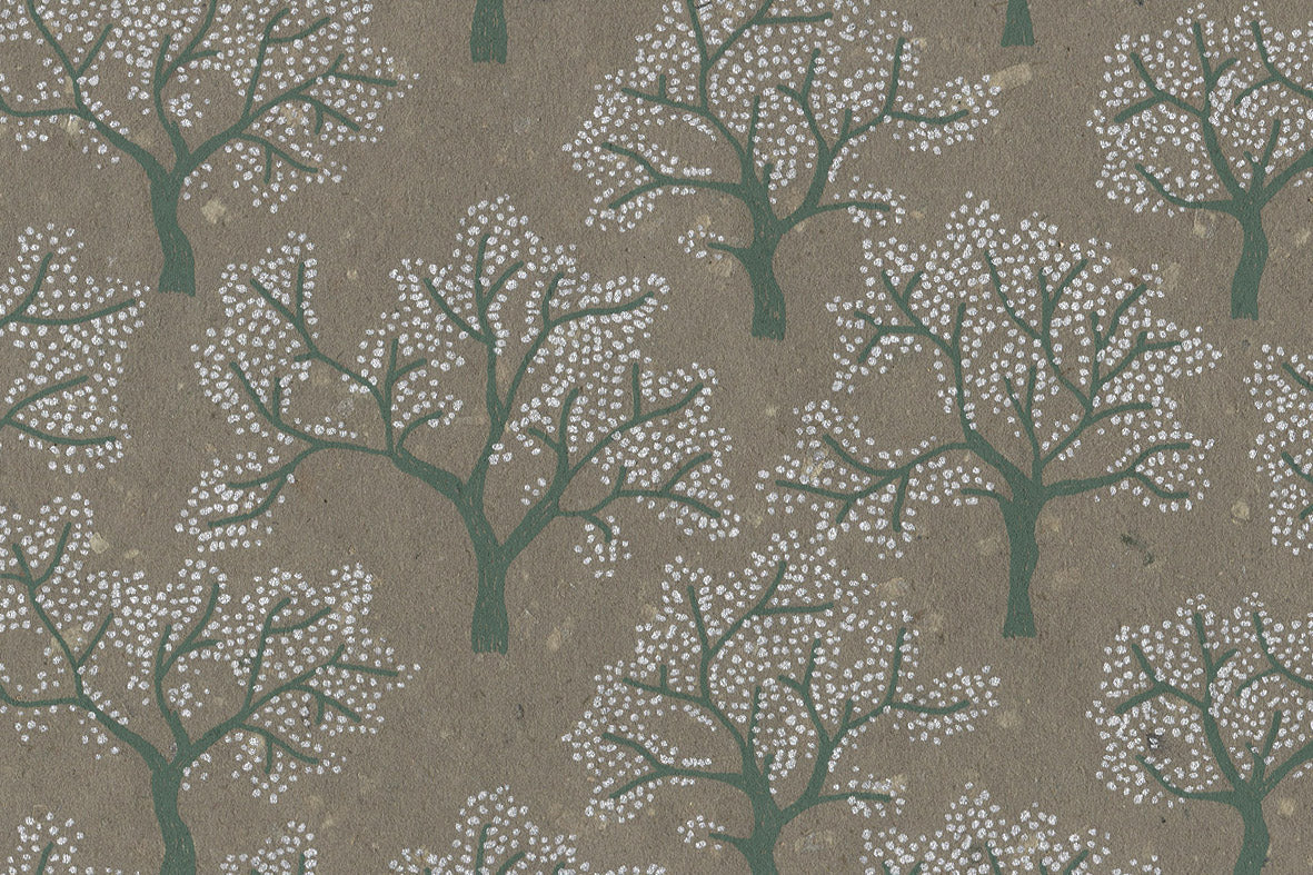 Silver & Dark Green On Green Dotted Trees Printed Handmade Paper Online
