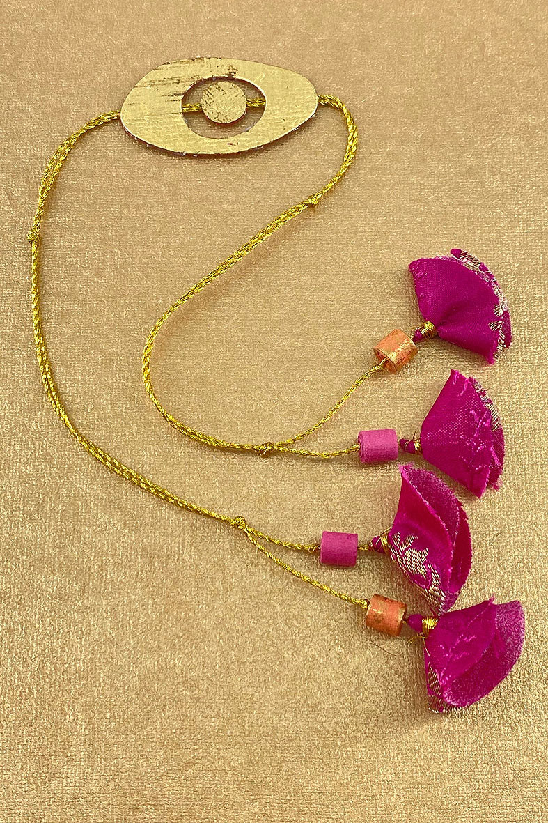 Gold Leaf With Sari Brocade Tassels Handmade Paper Rakhi Online