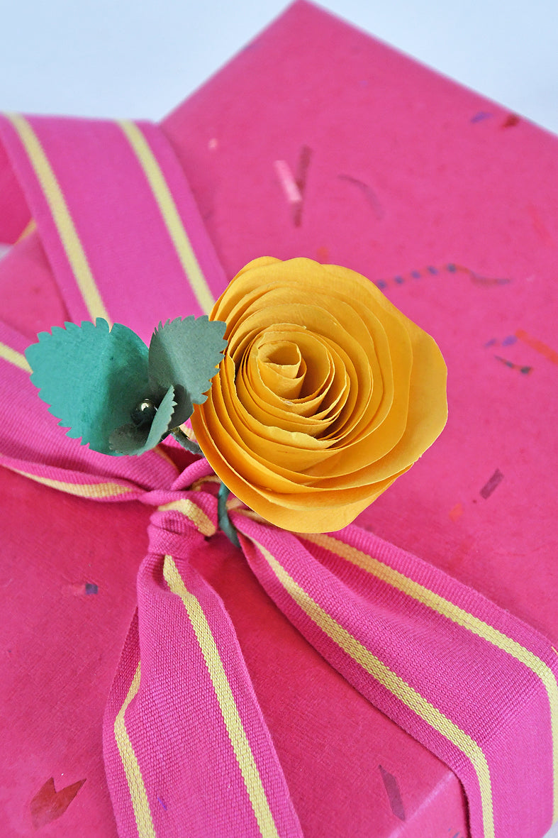 Handmade Yellow Rose Paper Flower Gift Topper With Ribbon Online