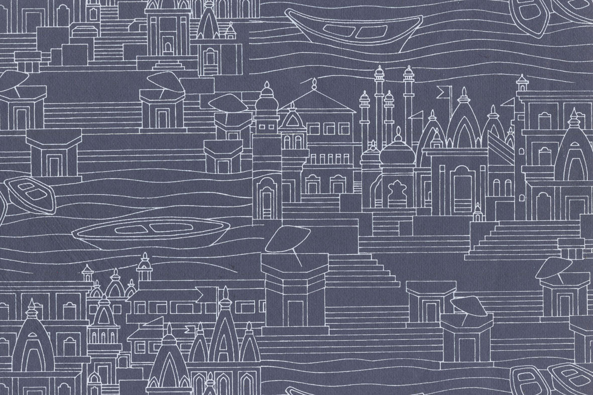 White on Midnight Blue Banaras Ghats Printed Handmade Paper Online