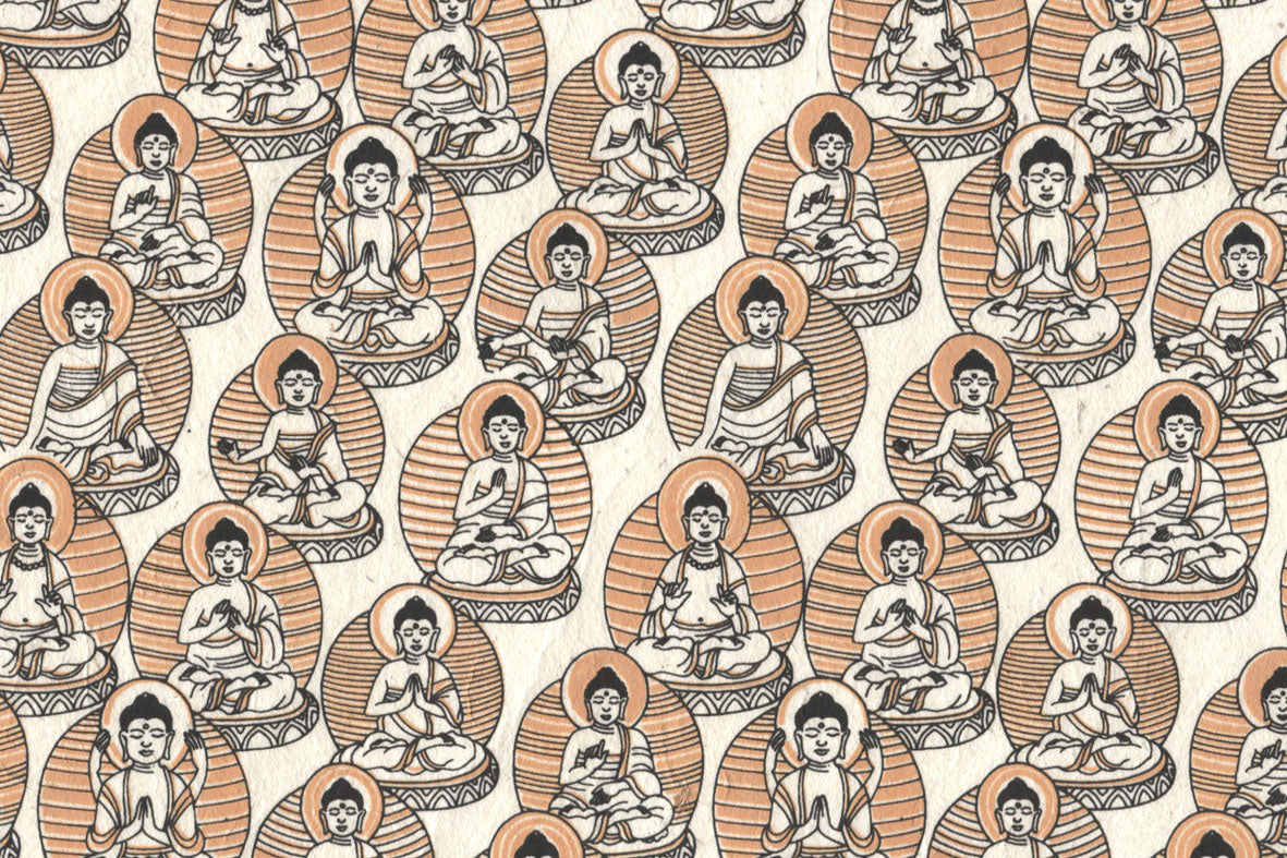 Ochre & Black On White Buddhas Printed Handmade Paper Online