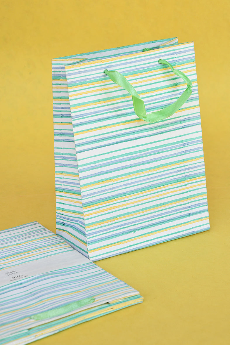 Blue Green Yellow Stripes Medium Handmade Paper Gift Bags Online