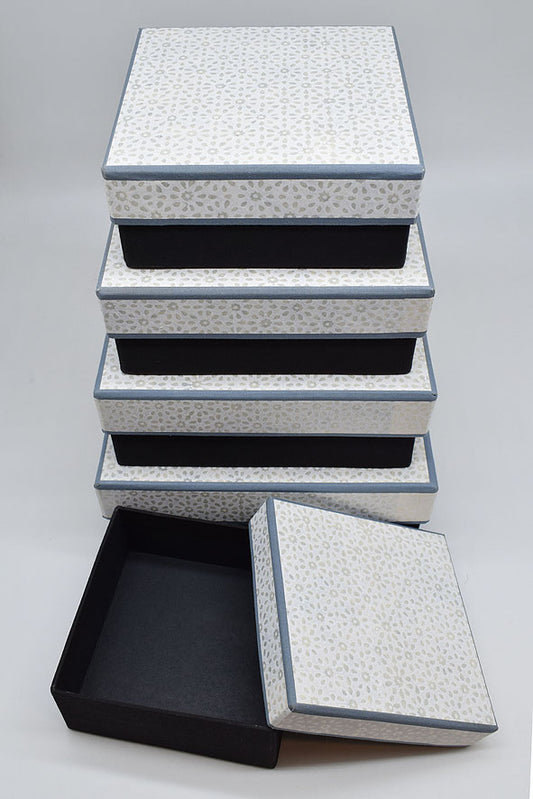 Fabric Clad Square Gift Boxes with White Block Print Lid, Blue Gray