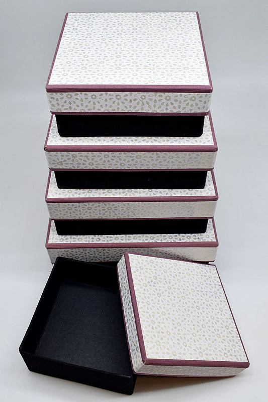 Fabric Clad Square Gift Boxes with White Block Print Lid, Dull Rose