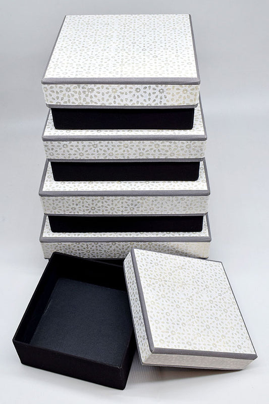 Fabric Clad Square Gift Boxes with White Block Print Lid, Gray