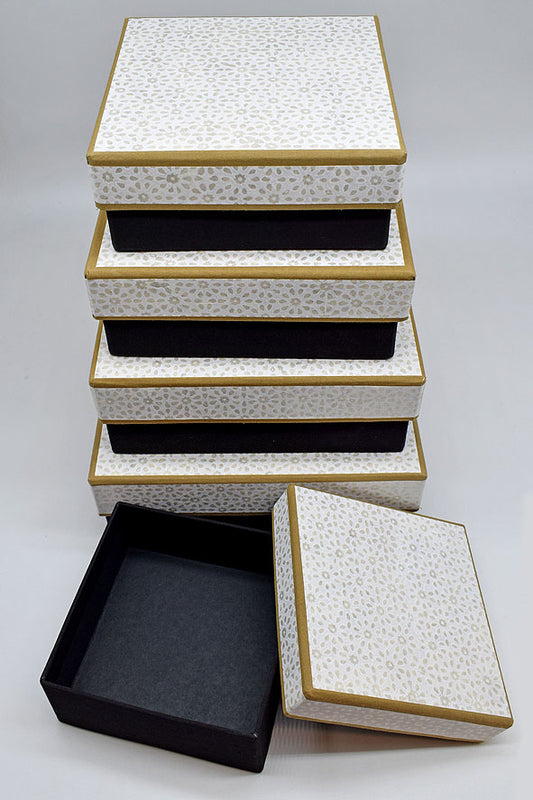 Fabric Clad Square Gift Boxes with White Block Print Lid, Khaki