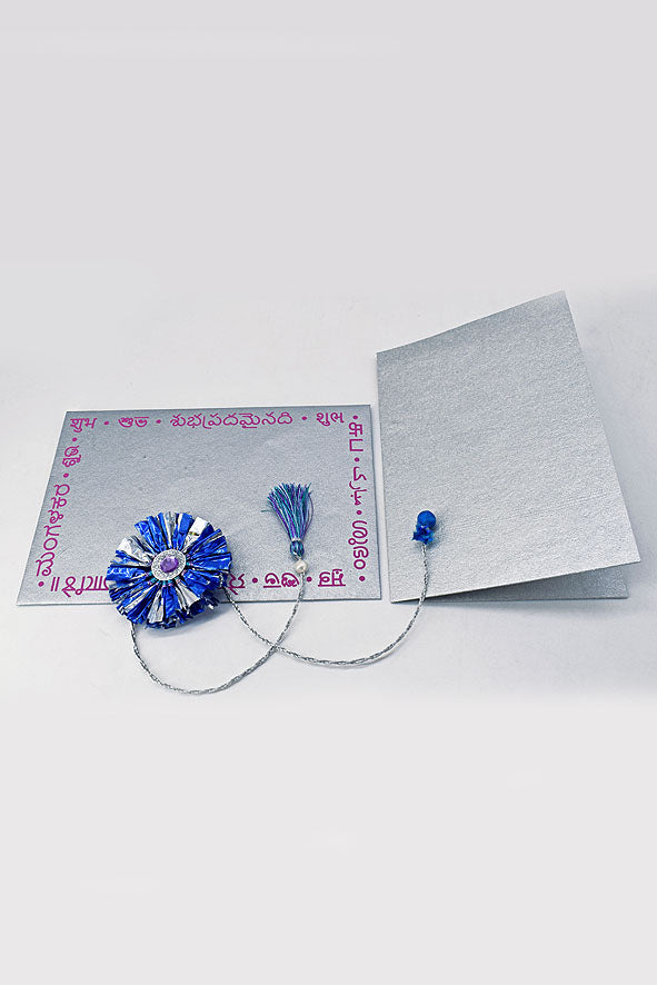 Handmade Foil Paper Fringes Rakhi with Tassel & Potli Tie, Blank Card & Shubh Printed Multi Language Envelope