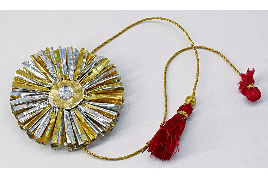 Handmade Foil Paper Fringes Rakhi with Tassel & Potli Tie, Blank Card & Shubh Printed Multi Language Envelope