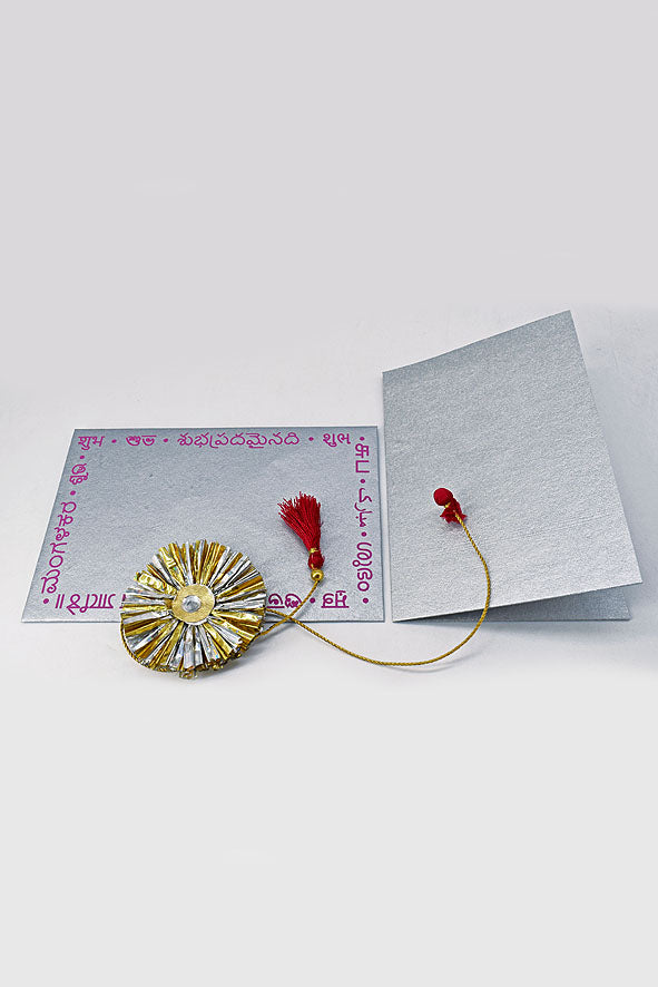 Handmade Foil Paper Fringes Rakhi with Tassel & Potli Tie, Blank Card & Shubh Printed Multi Language Envelope