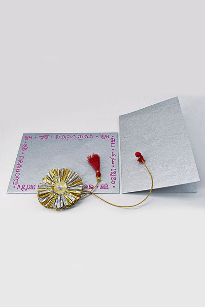 Handmade Foil Paper Fringes Rakhi with Tassel & Potli Tie, Blank Card & Shubh Printed Multi Language Envelope