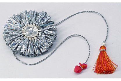 Handmade Foil Paper Fringes Rakhi with Tassel & Potli Tie, Blank Card & Shubh Printed Multi Language Envelope