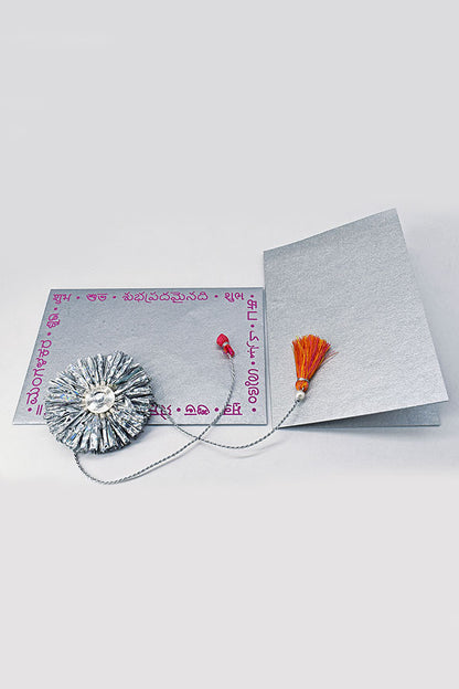 Handmade Foil Paper Fringes Rakhi with Tassel & Potli Tie, Blank Card & Shubh Printed Multi Language Envelope