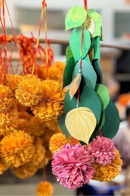 Paan Leaf and 3 Marigold Flower Hanging, Set of 2