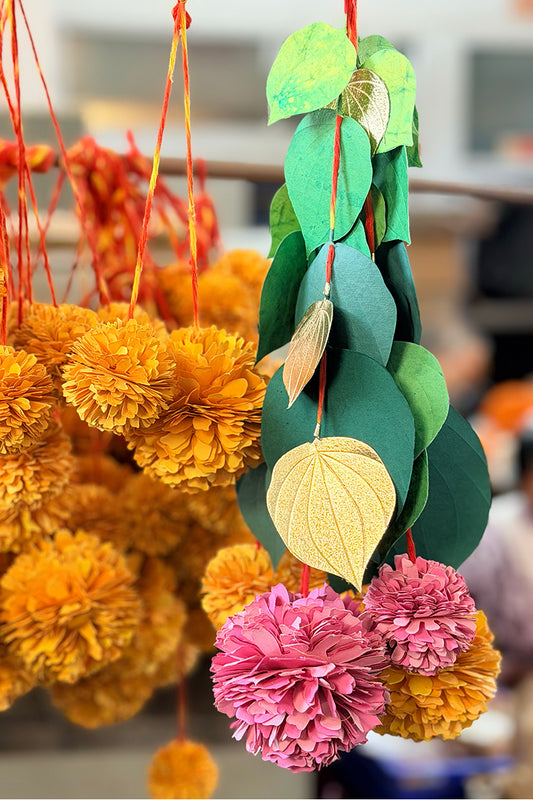 Paan Leaf and 3 Marigold Flower Hanging, Set of 2