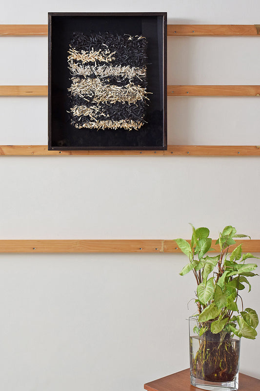 WALL ART: Paper Fringes Weave Mounted & Framed Under Glass, White Black / Black, 19x22